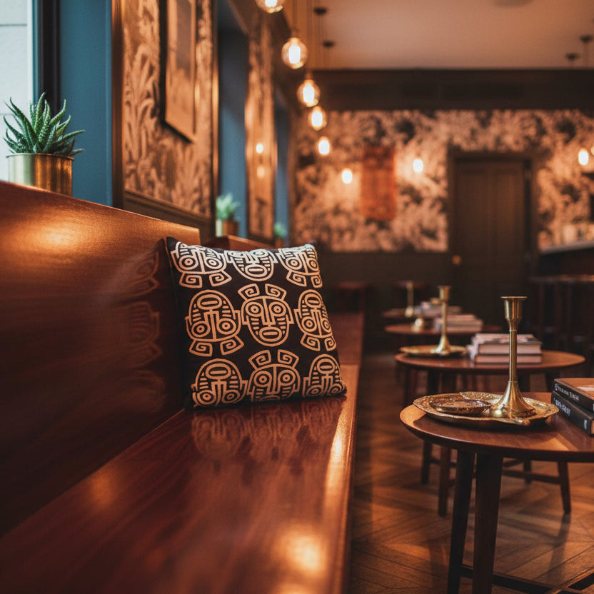 bar lounge caribéen à la décoration intimiste et au design moderne, un banc en bois d'acajou orné d'un coussin carré, table basse en bois, éclairage tamisé, atmosphère accueillante.