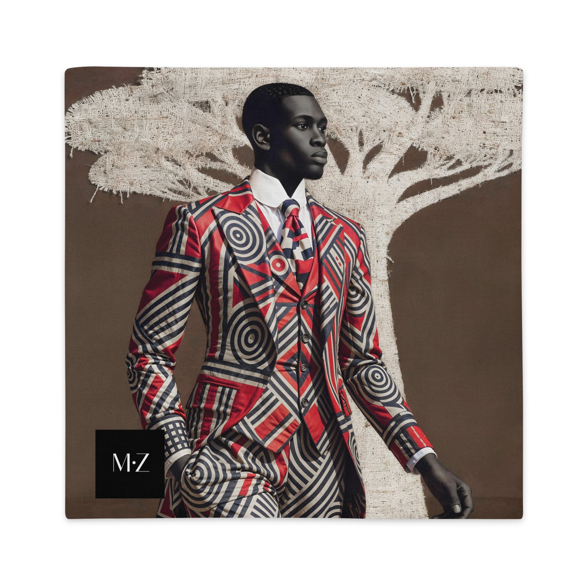 Housse de Coussin figuratif thème AFRIQUE Mzelle Design, bel homme élégant inspiré du style Sapeur congolais, sur un fond marron costume graphique et baobab en trompe l'oeil. 