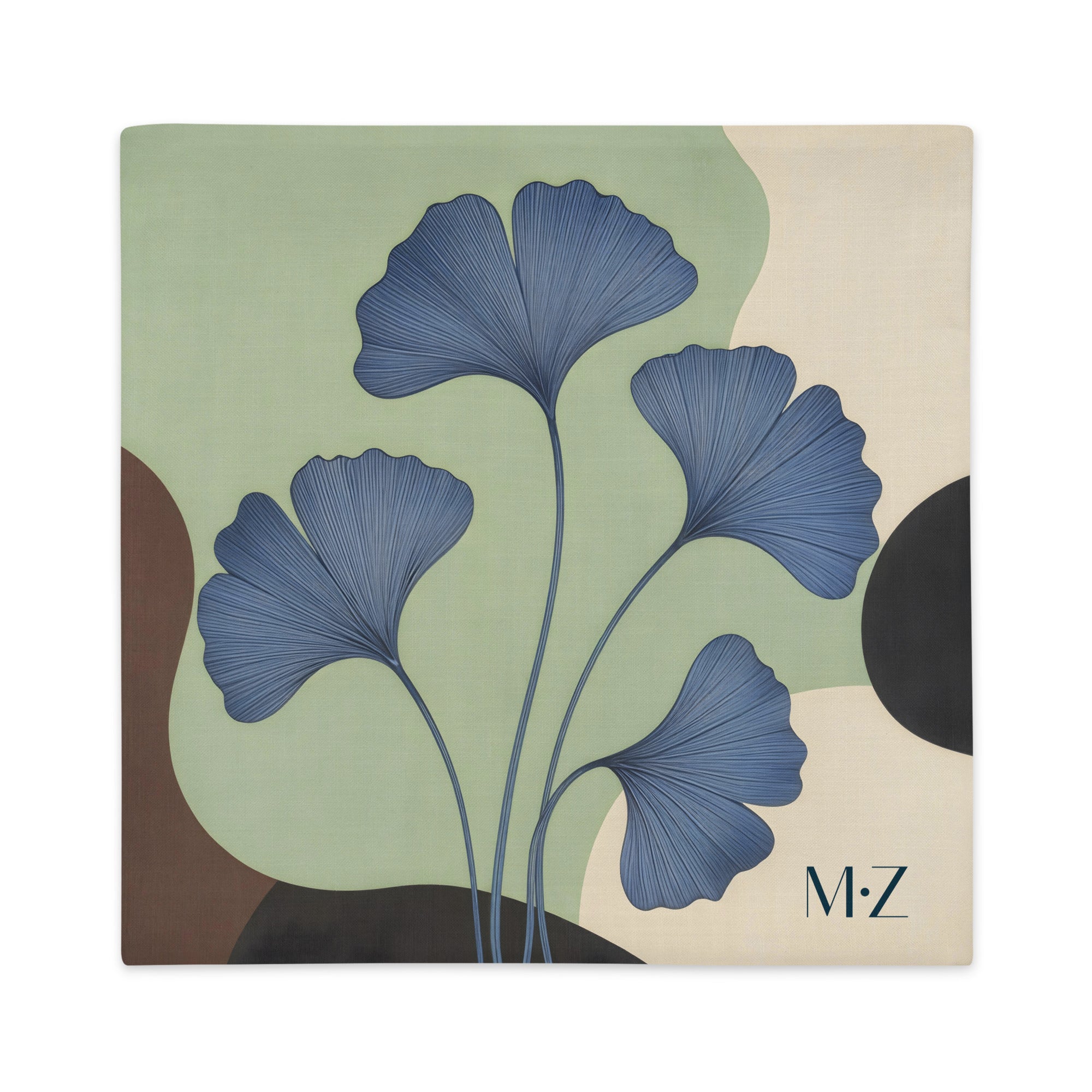 Housse décoration moderne MZelle Design imprimé d'un motif stylisé feuilles de Ginkgo couleurs pastel belu, vert pale et écru