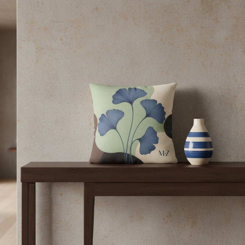 décoration moderne MZelle Design avec un coussin imprimé d'un motif stylisé feuilles de Ginkgo couleurs pastel belu, vert pale et écru