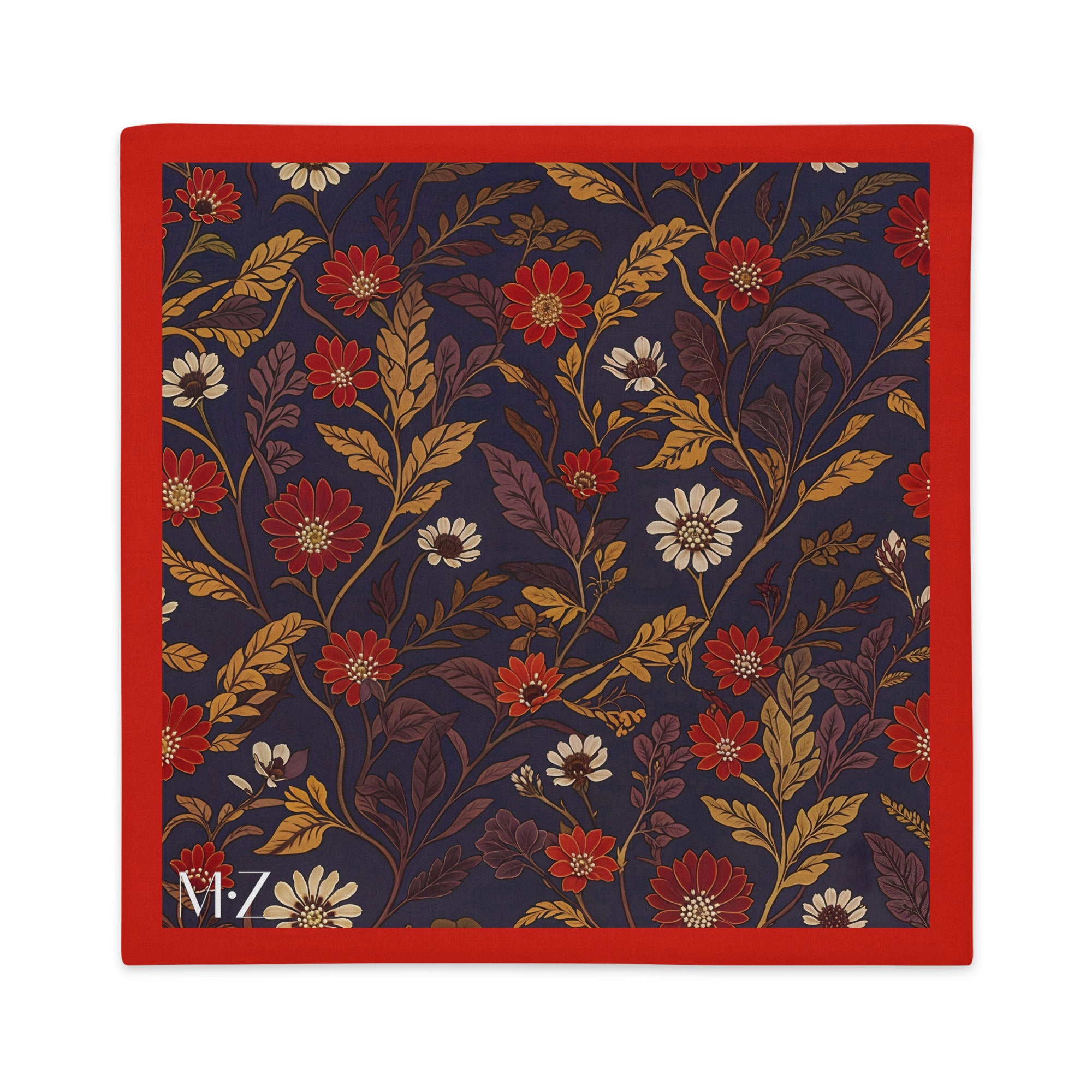 Coussin décoratif carré Mzelle Design imprimé fleuri bleu nuit, ordure orange, style indien raffiné.