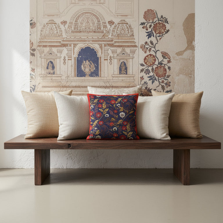 décoration intérieur, esprit mix and match, murs en ciment blanc, mobilier Indien alliant artisanat traditionnel et style moderne, fresque murale évoquant les temples hindous , plan rapproché et vue de face d'une banquette moderne ornée d'un coussin carré au milieu de plusieurs coussins en tissu naturels.