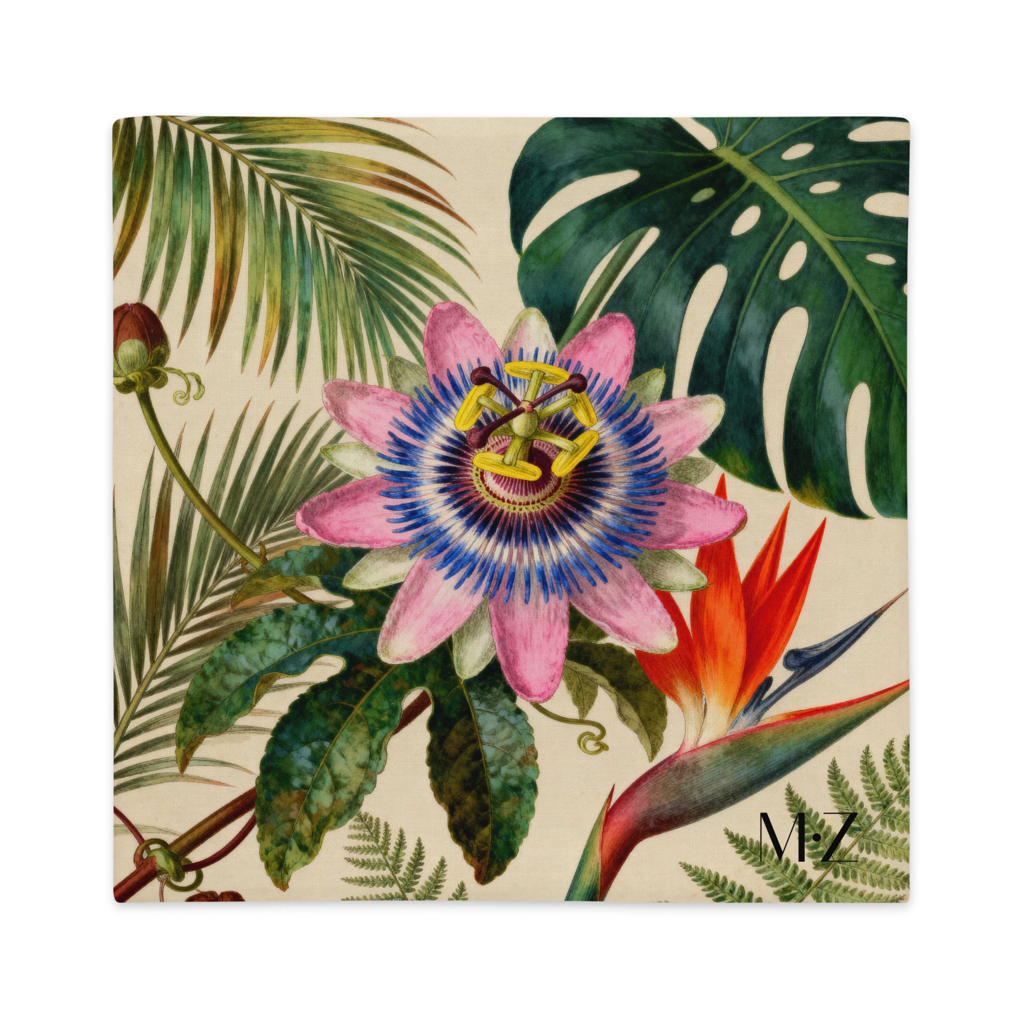 Housse de coussin mzelle design, motif exotique raffiné, colibri et fleur de passiflore, monsteras, couleurs douces, décoration tropicale chic.