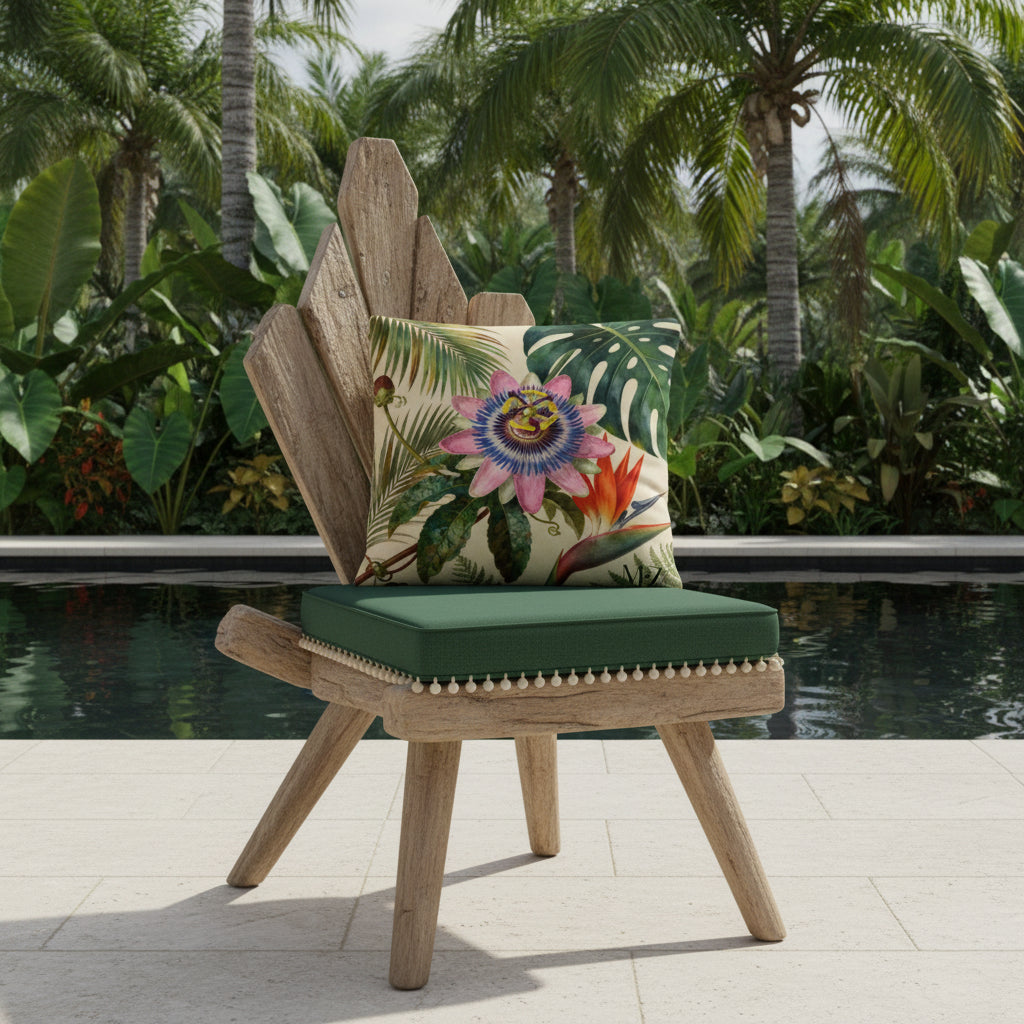 Photographie professionnelle vue d'un grand coussin carré motif fleur de passiflore, disposé sur une chaise au design original et contemporain en bois flotté, sans accoudoirs, dossier en bois triangulaire, assise vert foncé finitions petits pompons écrus, placé devant une piscine sombre moderne à débordement et plantes exotiques. 