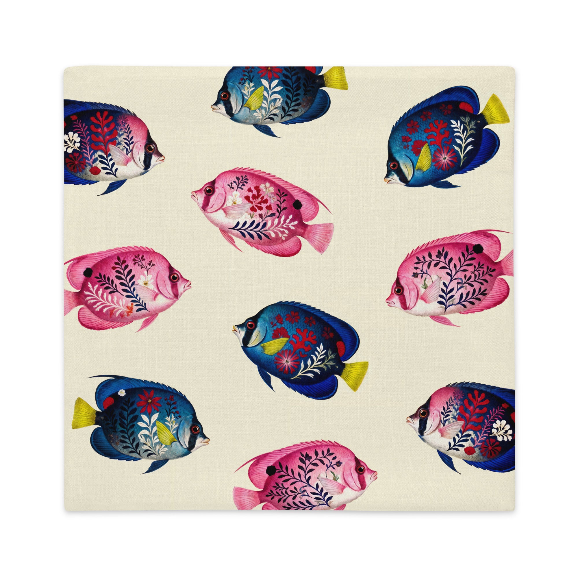 Housse de Coussin haut de gamme mzelle design, motif style naturaliste pour décoration tropicale, poisson exotique coloré, fond écru. 