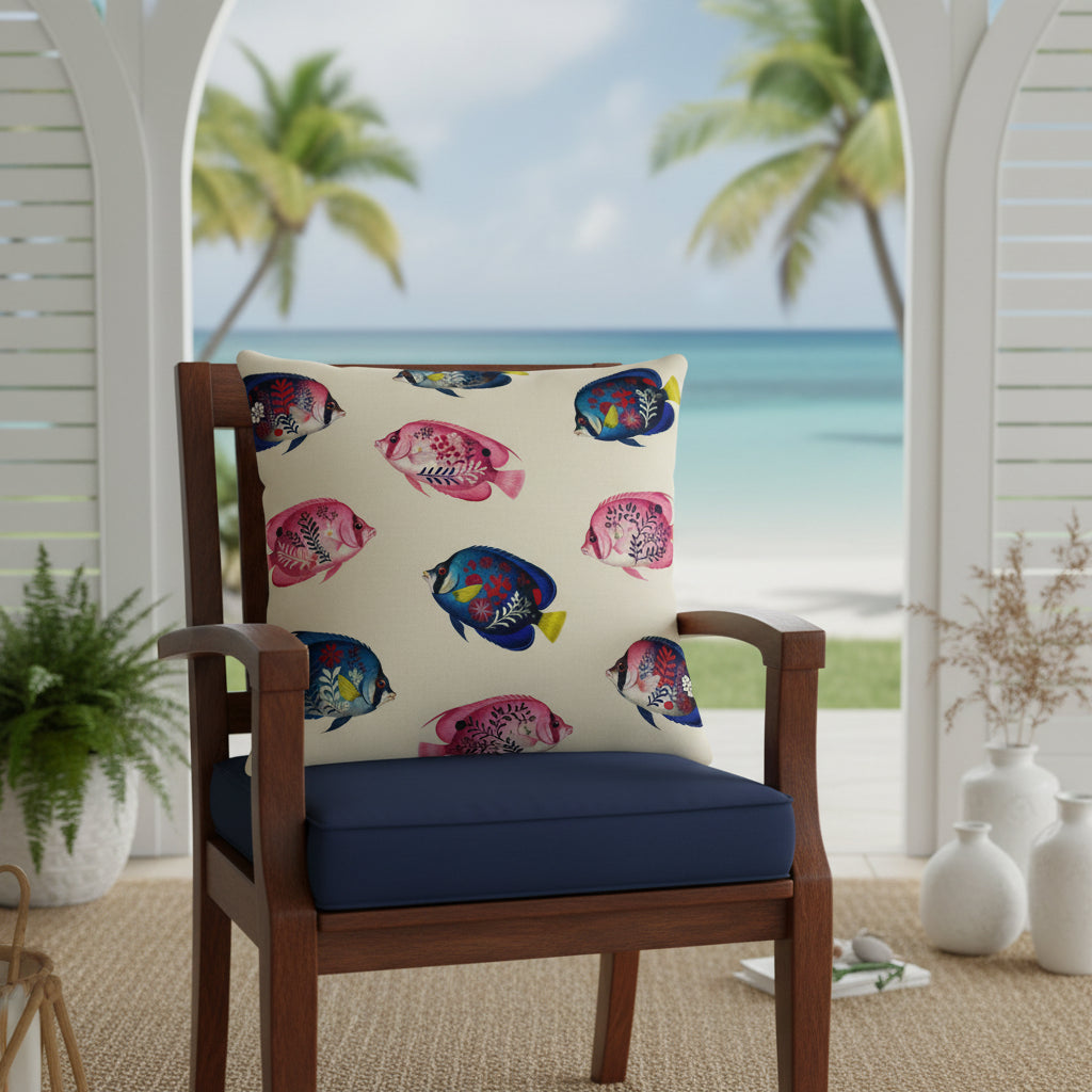Photographie professionnelle d'un grand coussin carré motifs poissons tropicaux, disposé sur une chaise en bois de manguier verni, assise bleu marine disposé dans un décor de véranda donnant sur la plage.