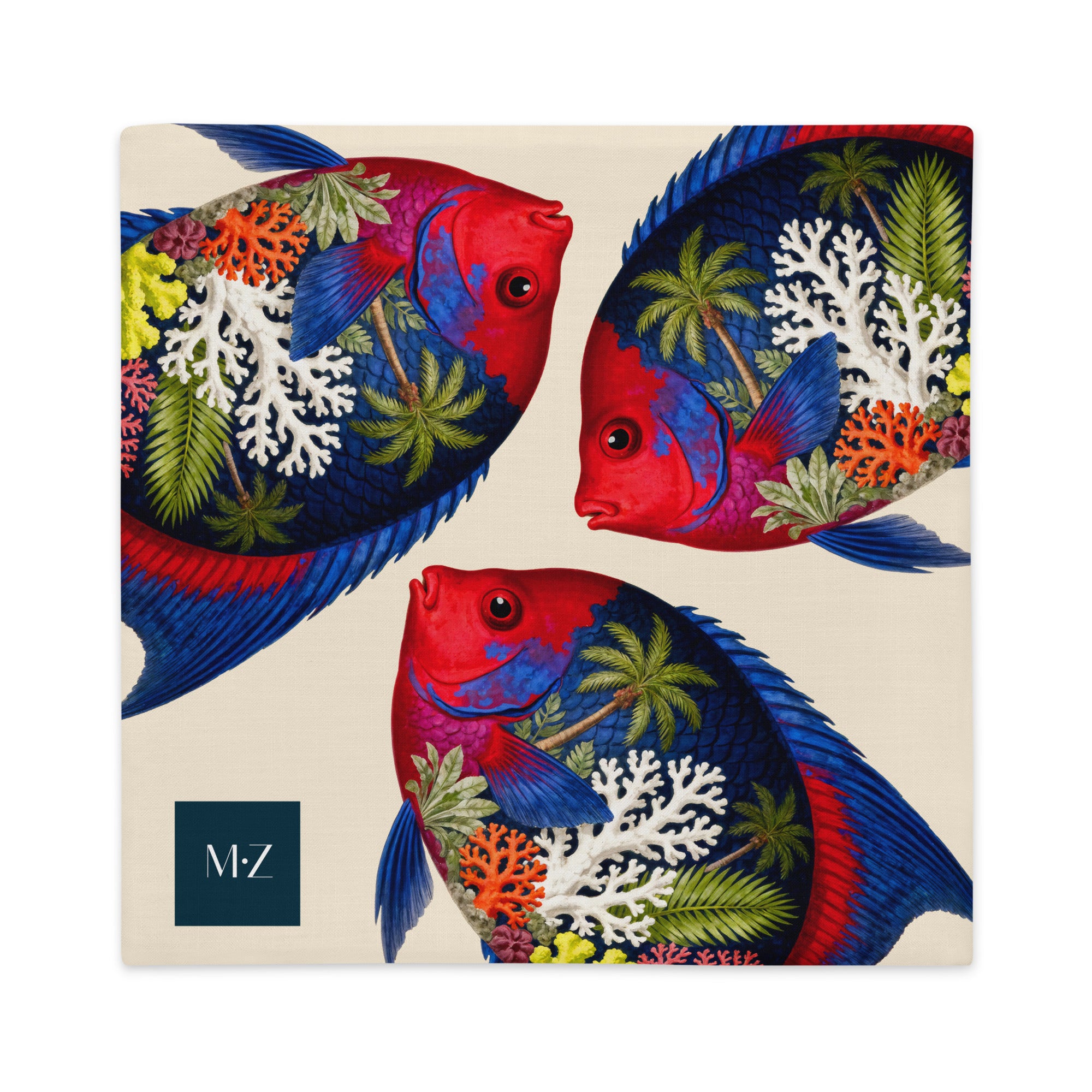 Housse de coussin mzelle design, décoration tropicale, coastal living, poissons colorés et coraux chics.