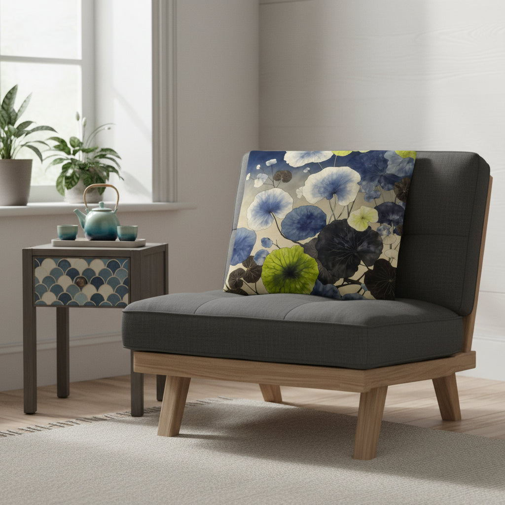 Photographie d'intérieur décoration style japandi, épuré mais chaleureux, fauteuil-futon moderne gris foncé orné du coussin mzelle design motifs fleurs japonaises, table en bois clair avec un tiroir peint d'un motif en écaille de poisson bleu et beige. Service à thé en céramique dégradé vert et bleu. 