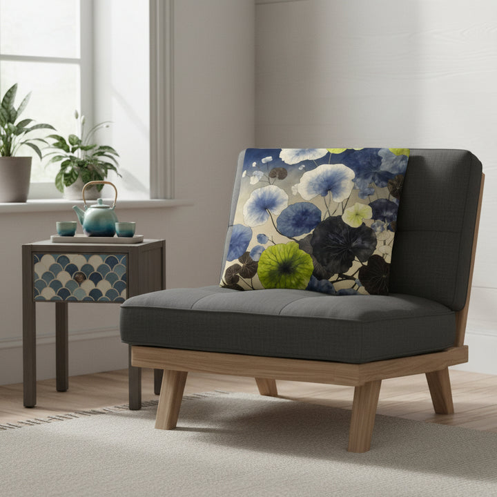 Photographie d'intérieur décoration style japandi, épuré mais chaleureux, fauteuil-futon moderne gris foncé orné du coussin mzelle design motifs fleurs japonaises, table en bois clair avec un tiroir peint d'un motif en écaille de poisson bleu et beige. Service à thé en céramique dégradé vert et bleu. 