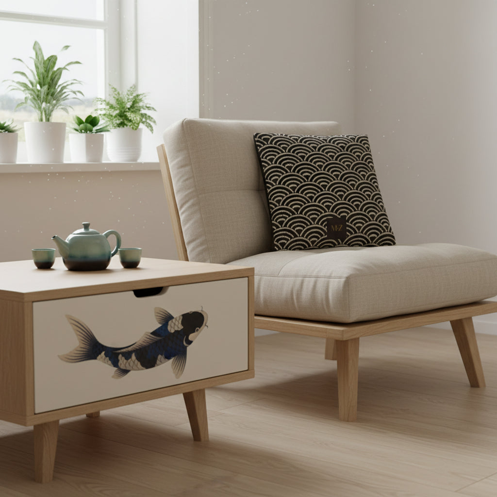 Photographie d'intérieur décoration  japandi, épuré mais chaleureux, fauteuil-futon moderne assise en lin beige orné d'un grand coussin mzelle design, table en bois clair avec un tiroir peint d'un motif poisson Koi noir, bleu et beige. Service à thé en céramique dégradé vert et bleu.
