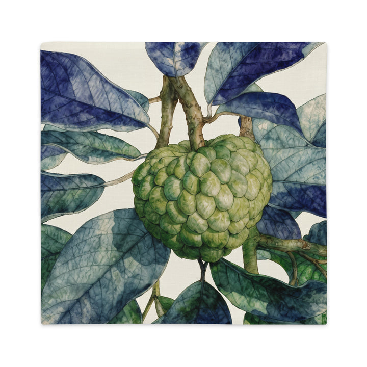 Housse de Coussin décoration tropicale mzelle design, motif pomme cannelle attier, fruit et feuilles sur fond écru.