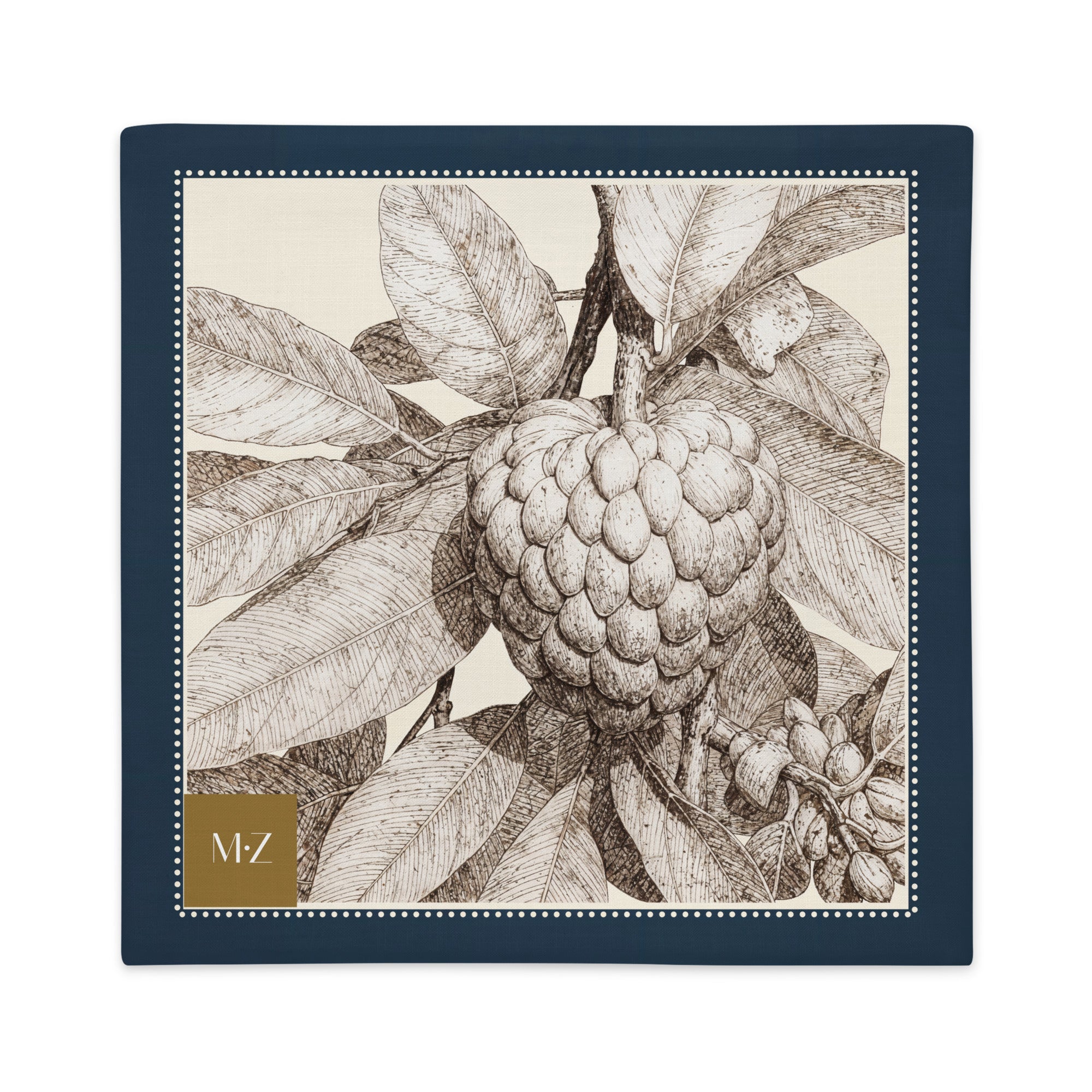 Housse décorative aspect lin, mzelle design, Coussin fruit exotique pomme cannelle au style naturaliste inspiré des Antilles. mprimé moderne, décoration tropicale élégante.