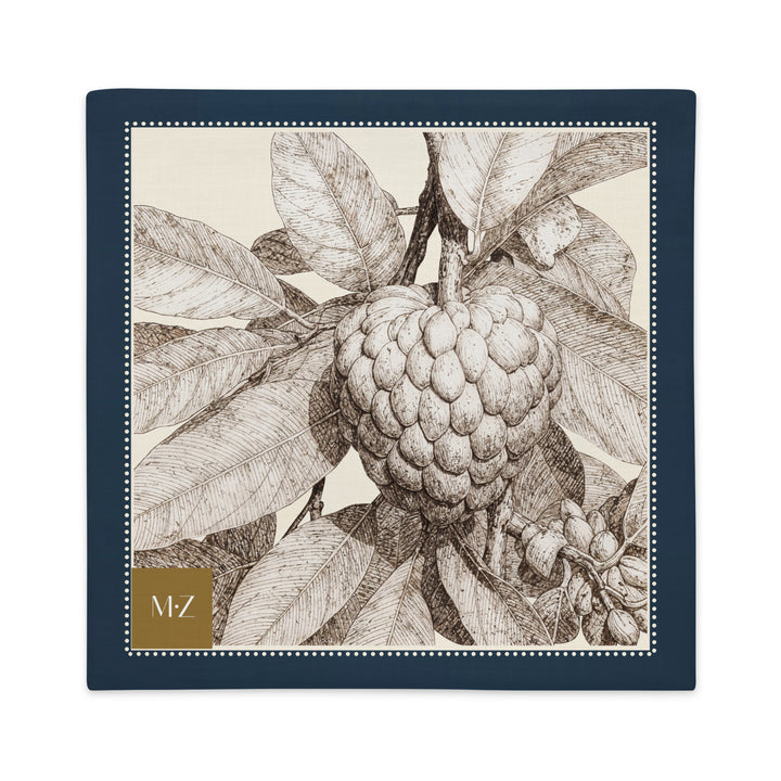 Housse décorative aspect lin, mzelle design, Coussin fruit exotique pomme cannelle au style naturaliste inspiré des Antilles. mprimé moderne, décoration tropicale élégante.