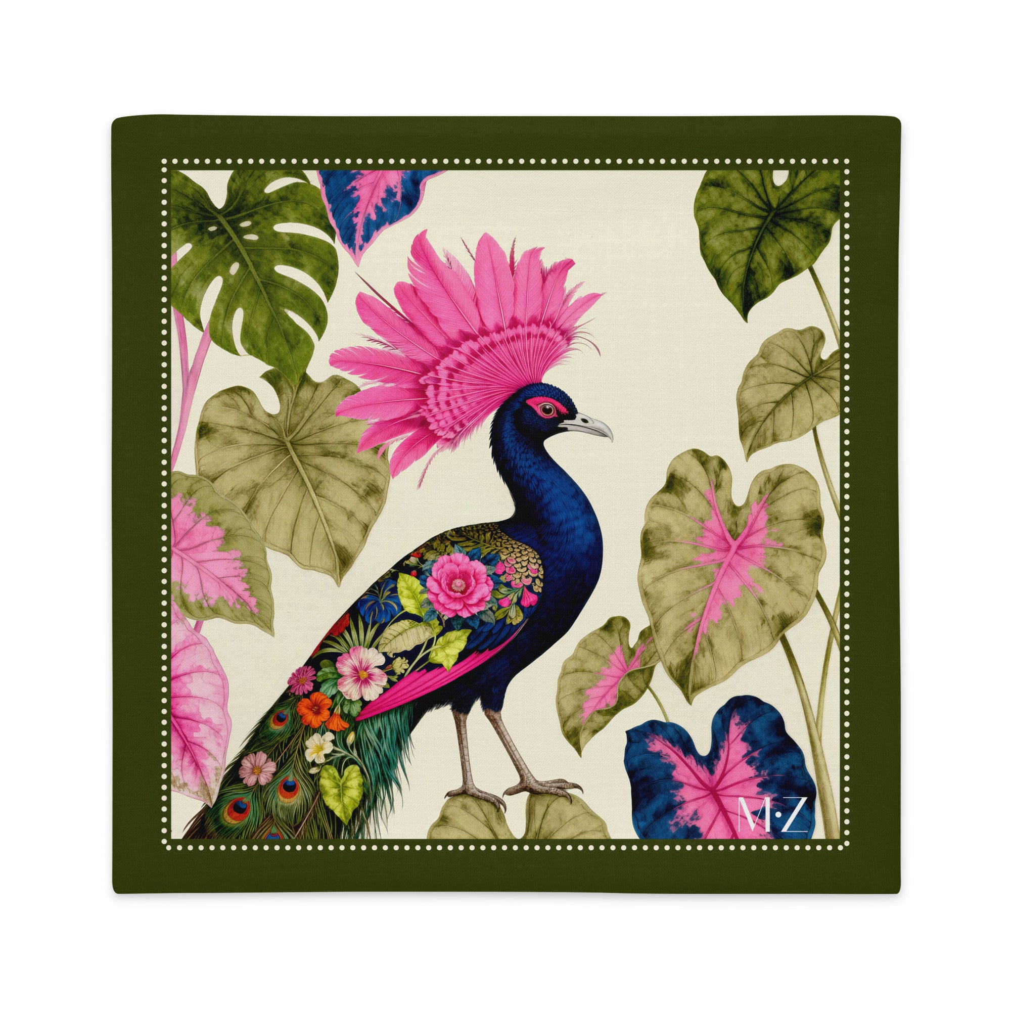 Housse décorative aspect lin mzelle design, motif oiseaux au panache spectaculaire, imprimé différent recto et verso, couleurs acidulées, plantes exotiques.
