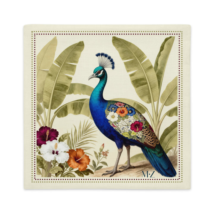 Housse de Coussin en aspect lin sur le thème OISEAUX Mzelle design, beau Paon Bleu dans le style Naturaliste, jardin exotique sur fond écru. 
