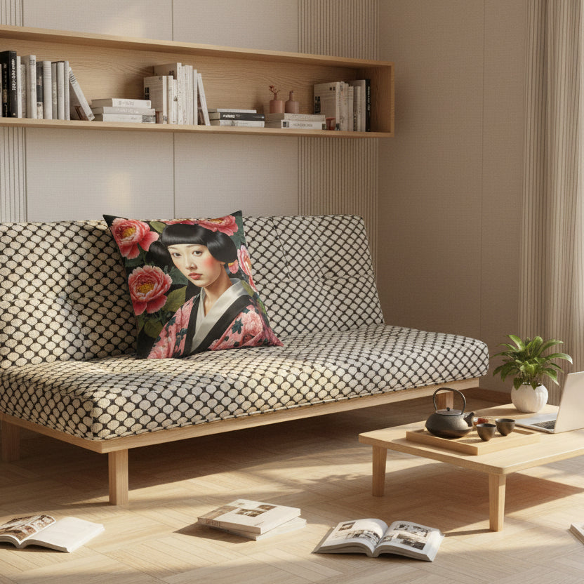 Photo lifestyle, décor zen, ambiance loft japandi,  vue de face d'un futon orné du large coussin carré, dans un angle du salon, livres sur le sol en parquet clair, Fenêtre ensoleillée, plantes sur un table basse à coté d'un ordinateur portable ouvert. 