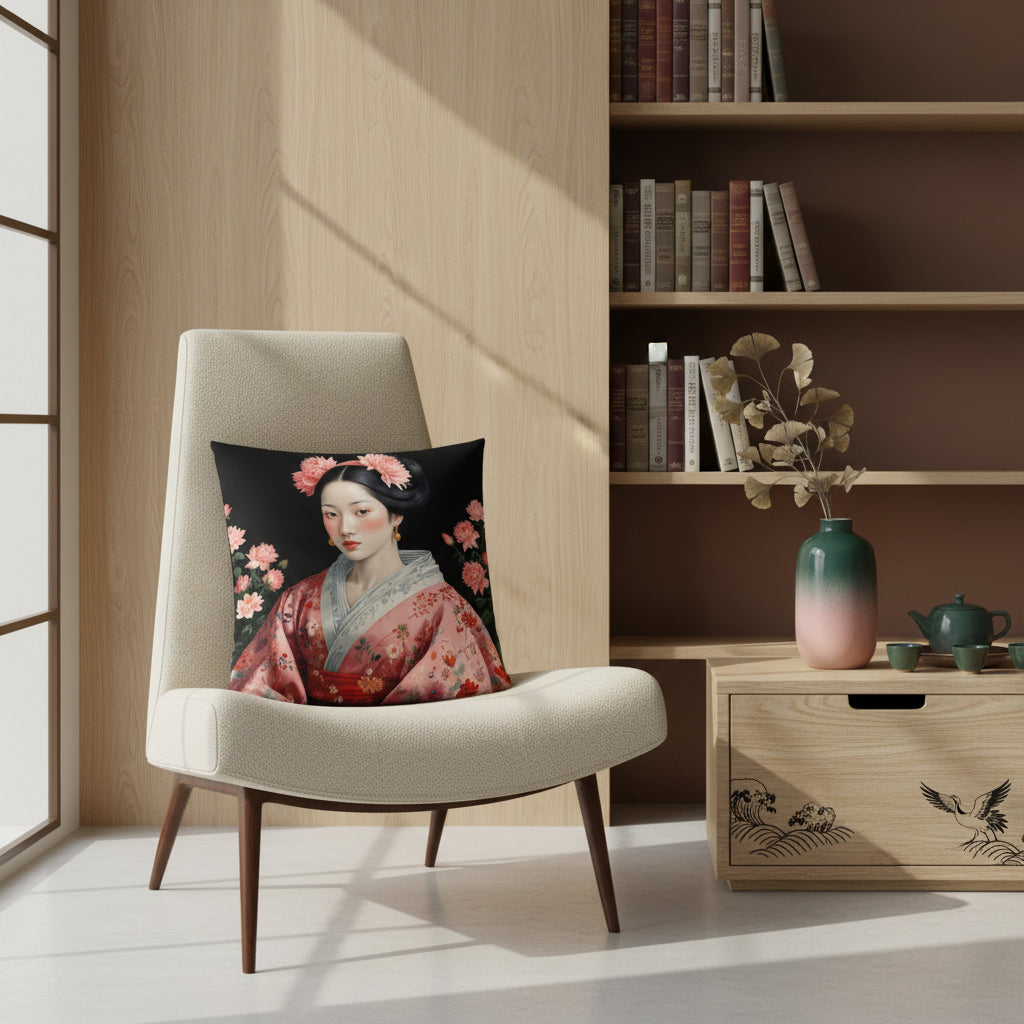 Photographie d'intérieur Vue de face d'une chaise dossier haut en triangle, lignes épurées sans accoudoirs, assise en tweed écru, orné d'un large coussin carré. A côté, un coffre en bois clair avec tiroir peint de motifs graphiques japonais noir avec un service à thé en céramique.