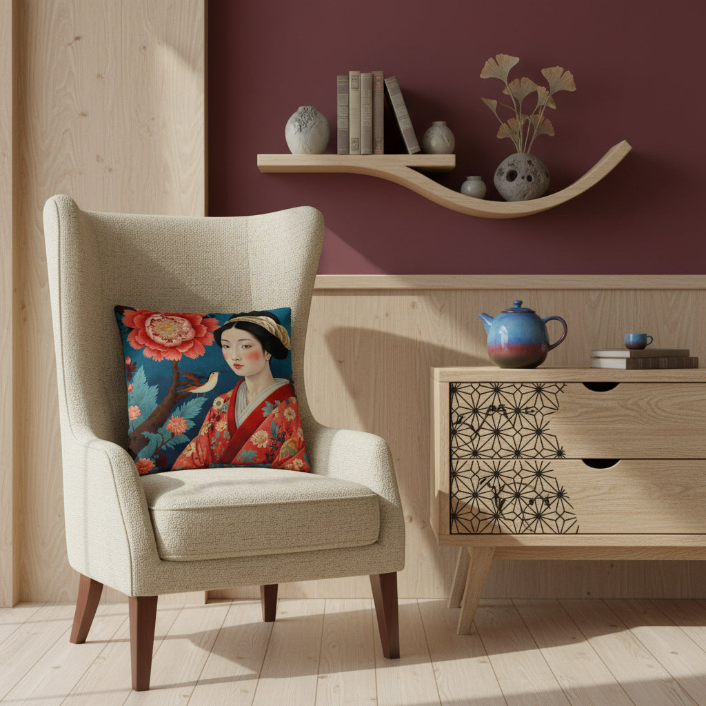 Photographie d'intérieur Vue de face d'une chaise en demi-lune, lignes épurées  sans accoudoirs, assise en tweed écru, orné d'un large coussin carré. A côté, un coffre en bois clair avec tiroir peint de motifs graphiques japonais noir avec un service à thé en céramique. 