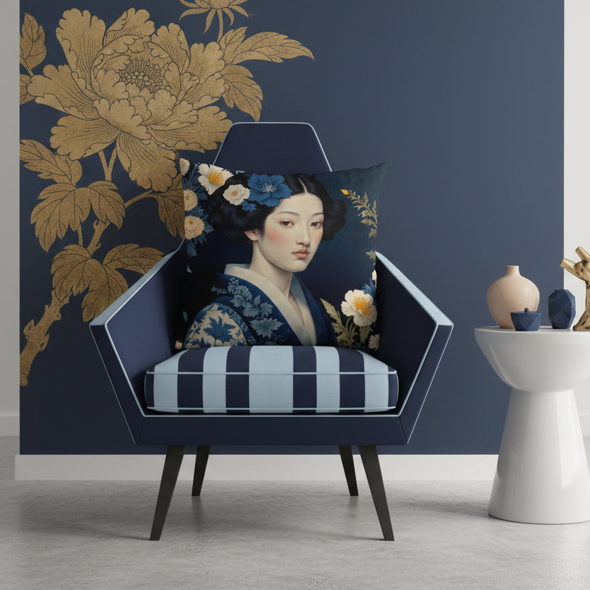 Photographie professionnelle, vue de face d'une chaise au dossier triangulaire sans accoudoirs et assises rayés bleu nuit et bleu glace, orné d'un coussin carré rehaussée par un large coussin.