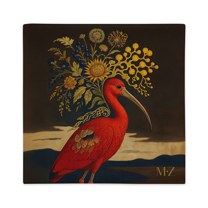taie de Coussin artistique décoration Mzelle Design, superbe Ibis rouge d'Amérique du sud, posant avec élégance sur un fond marron chocolat. 