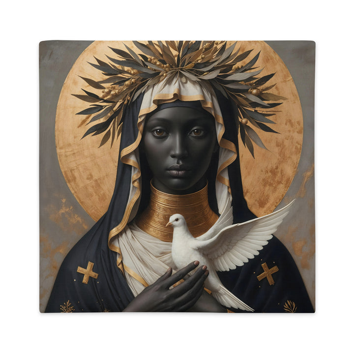 Housse de Coussin artistique mzelle design, visage de MADONE Vierge Noire tenant une Colombe