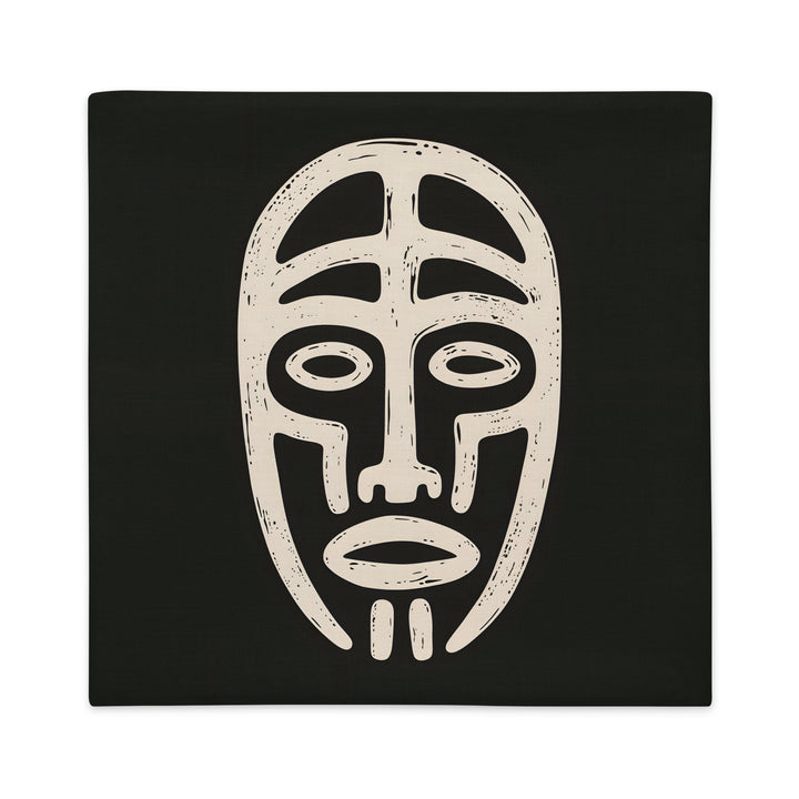 Housse graphique de décoration de la marque MZelle Design, sur fond noir un motif beige représente un masque tribal, style rupestre moderne