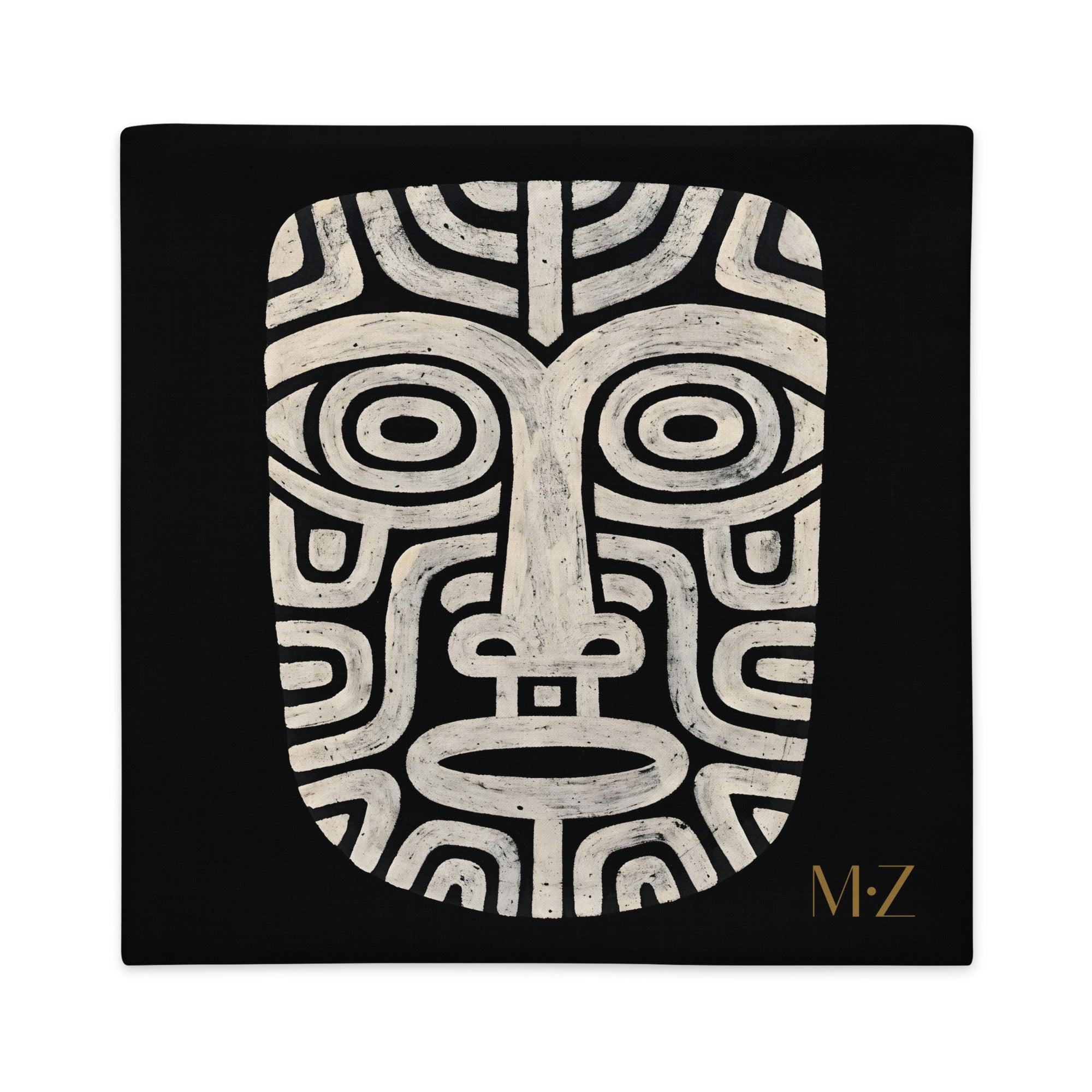 Housse de Coussin Décoration Art Précolombien motif beige sur fond noir, Grand Masque Tribal Axayacatl, MZelle design