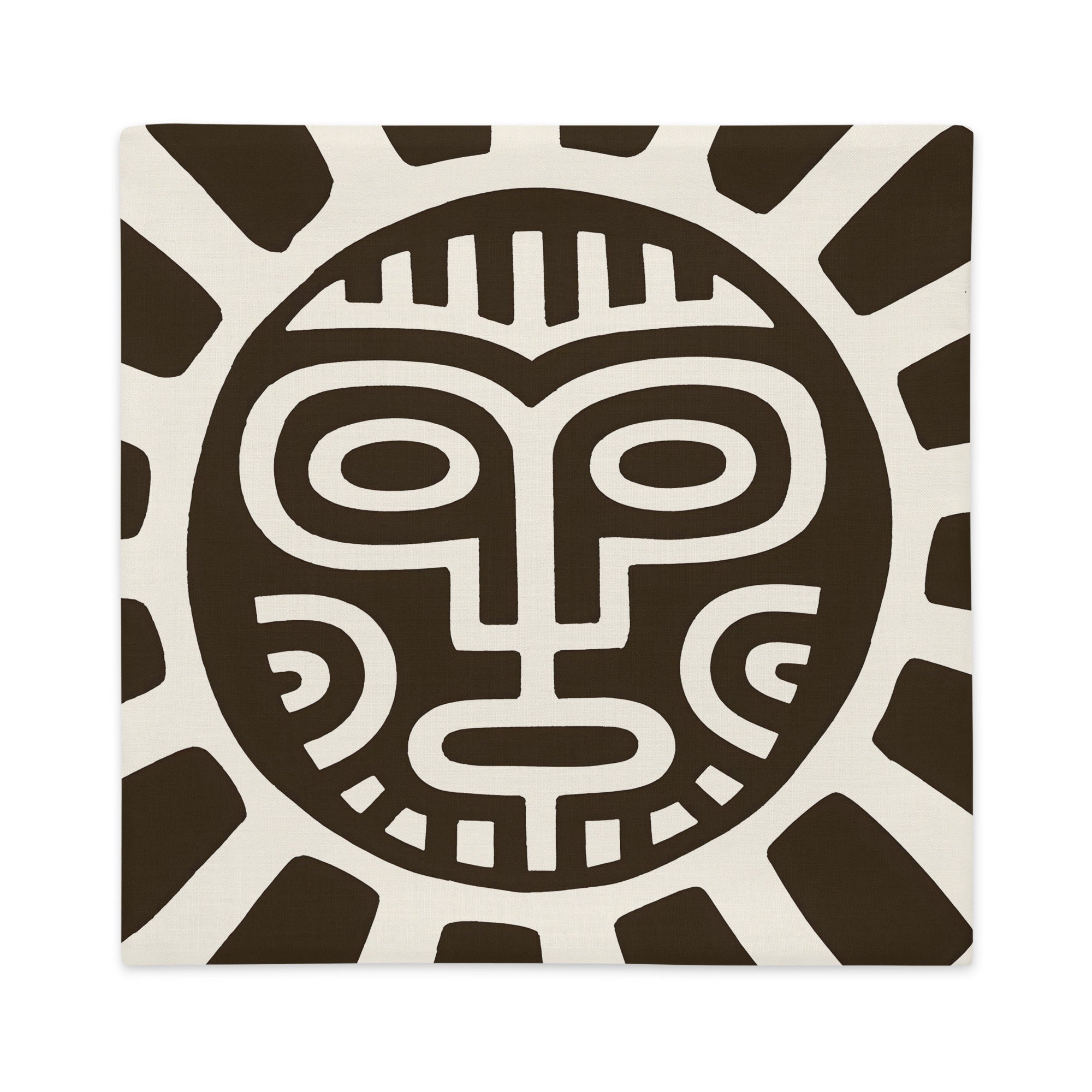 Housse décorative aspect lin MZelle Design, avec un beau Design graphique en forme de soleil et masque, d'inspiration Tainos et Arawaks sur fond clair