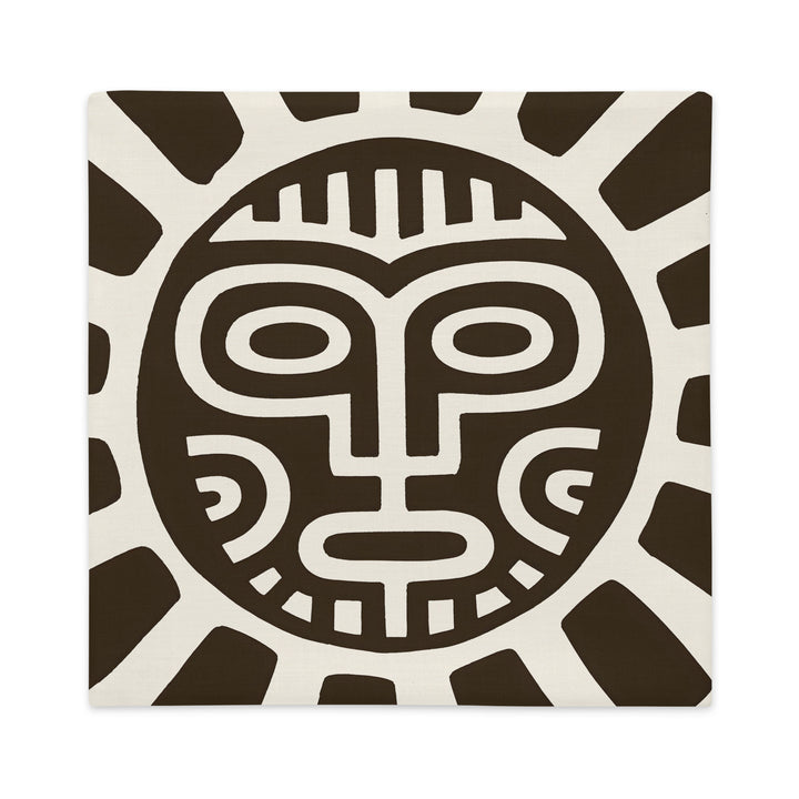 Housse décorative aspect lin MZelle Design, avec un beau Design graphique en forme de soleil et masque, d'inspiration Tainos et Arawaks sur fond clair