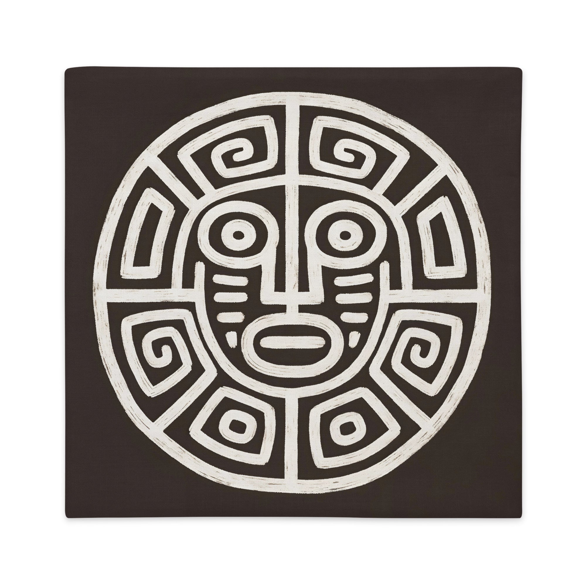 Housse de Coussin MZelle Design, Décoration Ethnique - Masque Précolombien ecru sur fond marron