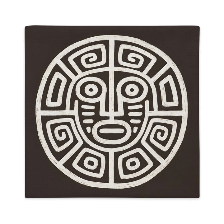 Housse de Coussin MZelle Design, Décoration Ethnique - Masque Précolombien ecru sur fond marron