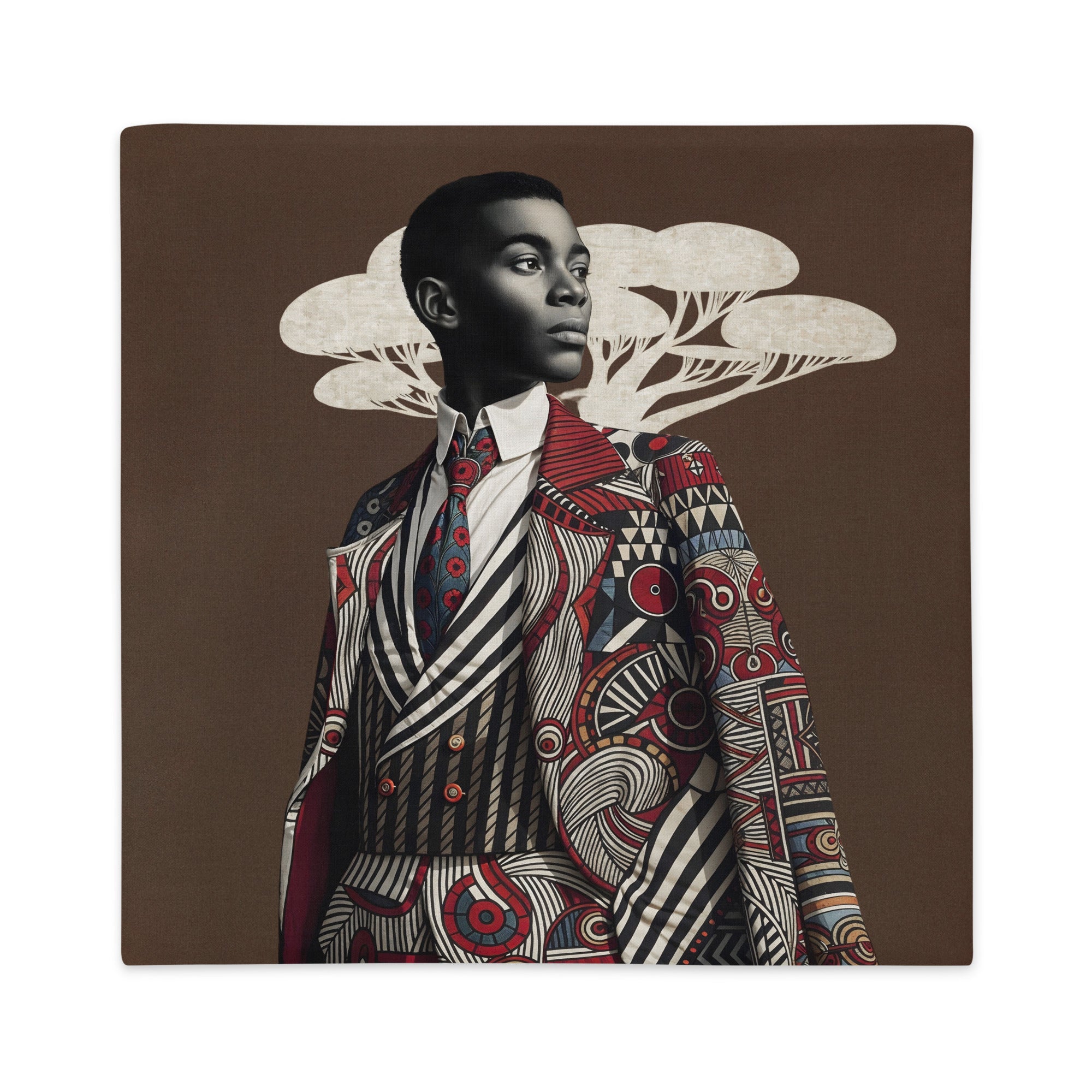 Housse de Coussin figuratif thème AFRIQUE Mzelle Design, bel homme élégant inspiré du style Sapeur congolais, sur un fond marron costume graphique et baobab en trompe l'oeil. 