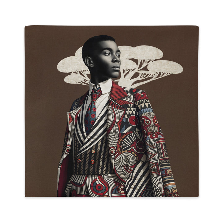 Housse de Coussin figuratif thème AFRIQUE Mzelle Design, bel homme élégant inspiré du style Sapeur congolais, sur un fond marron costume graphique et baobab en trompe l'oeil. 