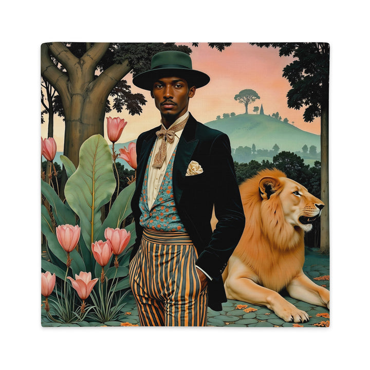 Housse de Coussin décoratif thème AFRIQUE MZelle design - Homme africain élégant en redingote noire accompagné d'un lion couché