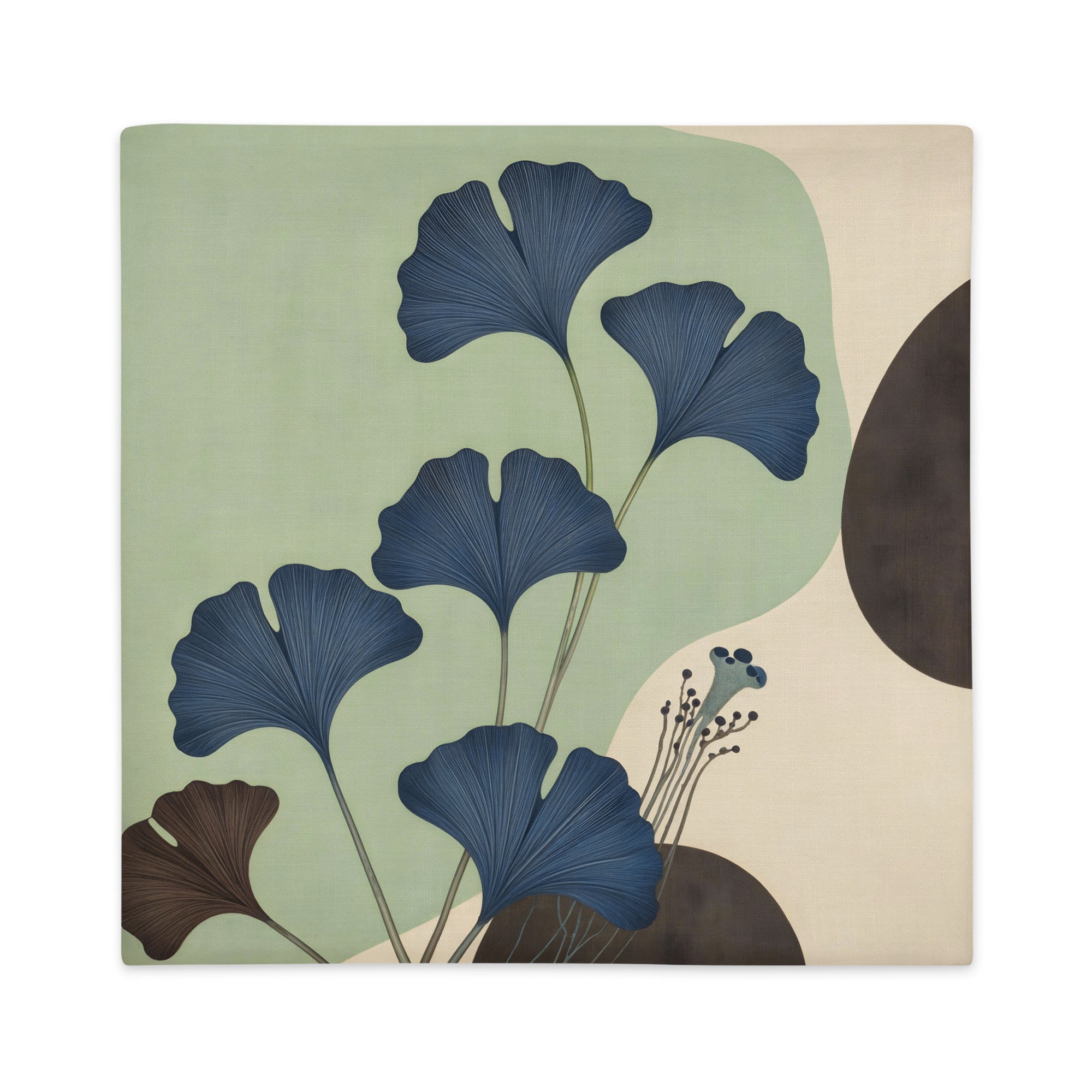 Housse décoration moderne MZelle Design imprimé d'un motif stylisé feuilles de Ginkgo couleurs pastel belu, vert pale et écru