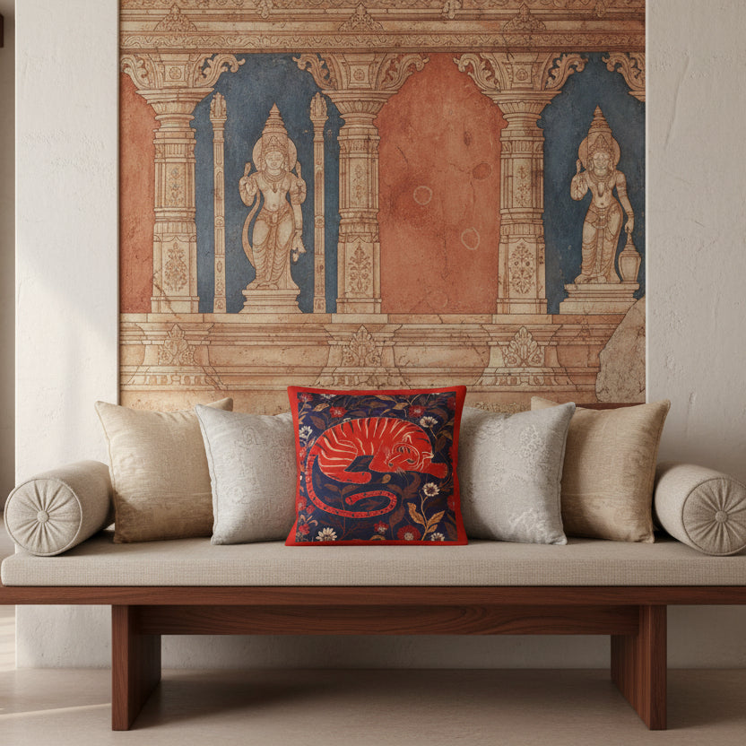 décoration intérieur, mobilier Indien alliant artisanat traditionnel et style moderne, fresque murale évoquant les temples hindous, banquette moderne ornée d'un coussin carré. 