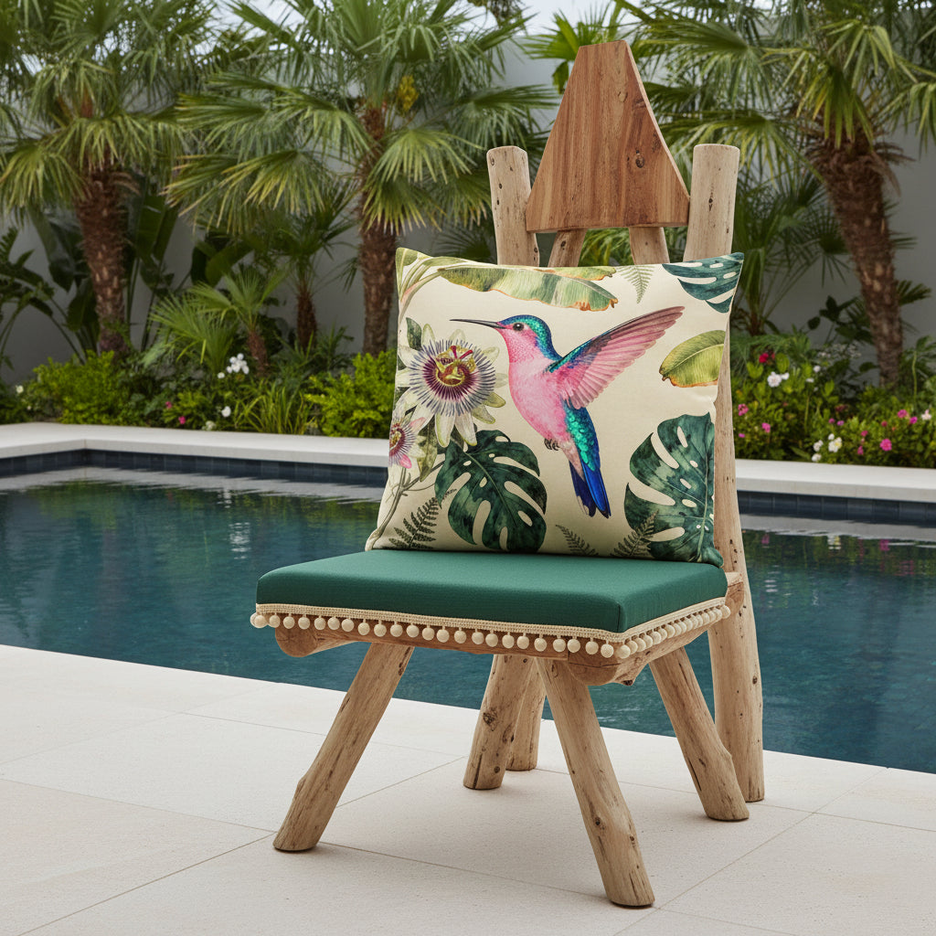 Photographie professionnelle d'un grand coussin carré mzelle design, motif colibri, disposé sur une chaise au design original et contemporain en bois flotté, sans accoudoirs, dossier en bois triangulaire, assise vert foncé finitions petits pompons écrus, placé devant une piscine sombre moderne à débordement et plantes exotiques. 