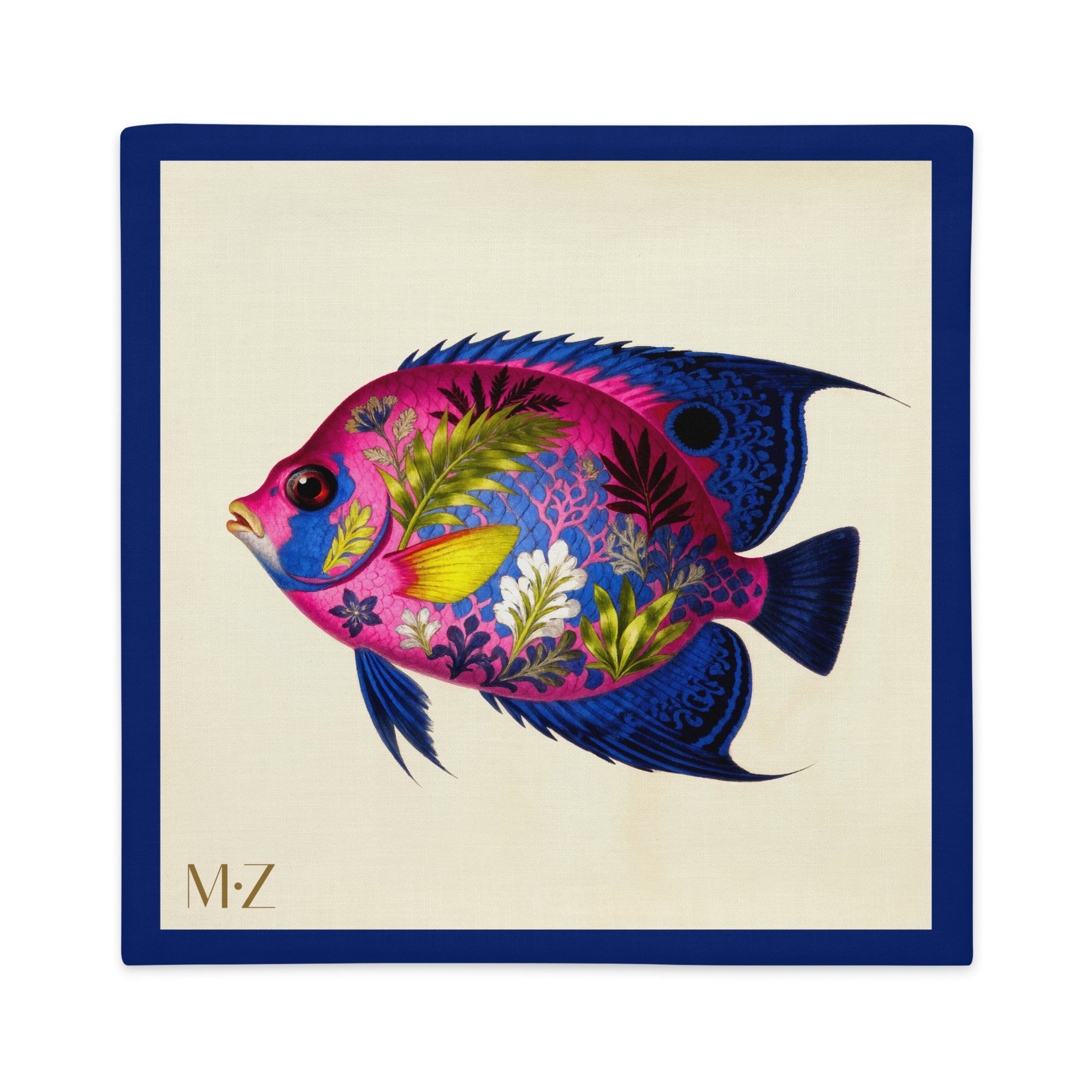 Housse de Coussin haut de gamme mzelle design, motif style naturaliste pour décoration tropicale, poisson exotique coloré, fond écru. 