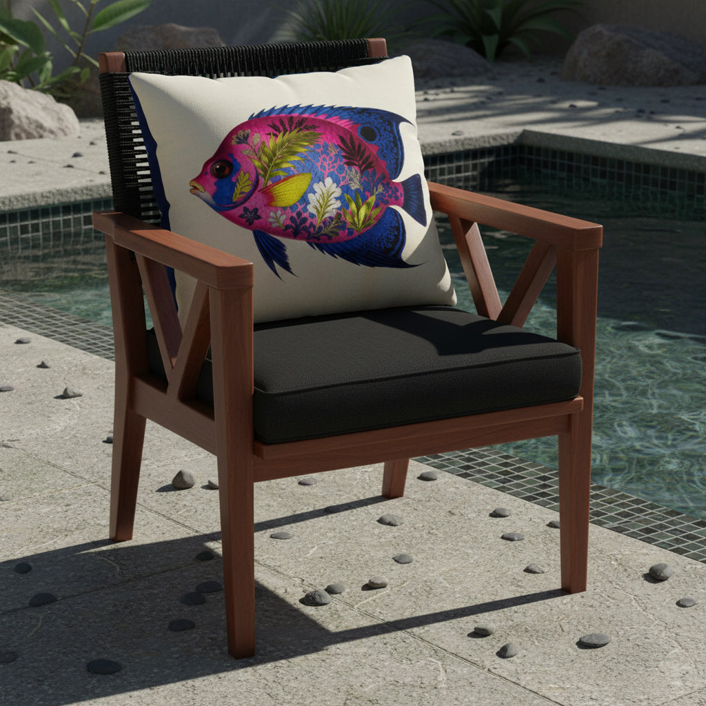 Décoration en extérieur, fauteuil en bois orné d'un large coussin mzelle design poisson tropical, arrière plan piscine et galets. 