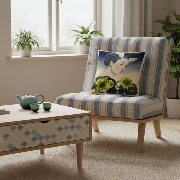 Photographie d'intérieur décoration style japandi-nordique, épuré mais chaleureux, fauteuil-futon moderne assise en lin rayé bleu indigo et beige orné du coussin mzelle design portrait de geisha onirique, table en bois clair avec un tiroir peint d'un motif en écaille de poisson bleu et beige. Service à thé en céramique dégradé vert et bleu.