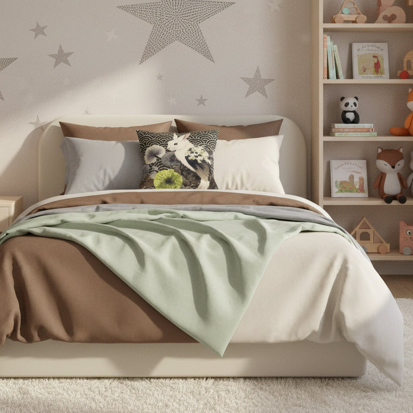 Photographie d’intérieur décoration de chambre d’enfant , vue de face d'un lit orné du coussin mzelle design au centre posé contre 2 oreillers, mur principal orné d’une fresque d’étoiles stylisées peintes à la main, détails pointilleux et délicats, tapis moelleux texturé, petits meubles design enfant. 