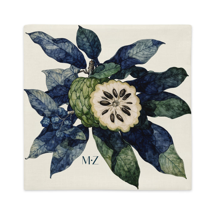 Housse de Coussin décoration tropicale mzelle design, motif pomme cannelle attier, fruit et feuilles sur fond écru.