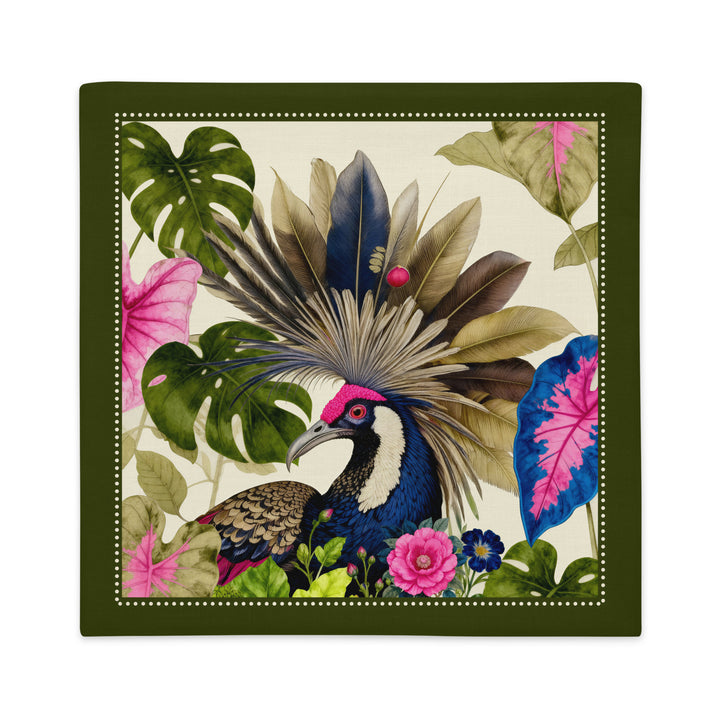 Housse décorative aspect lin mzelle design, motif oiseaux au panache spectaculaire, imprimé différent recto et verso, couleurs acidulées, plantes exotiques.