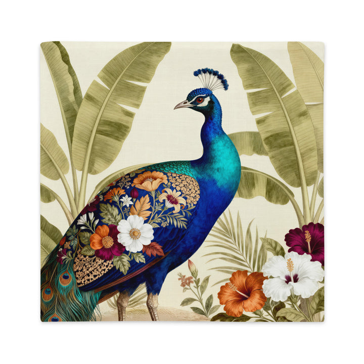 Housse de Coussin en aspect lin sur le thème OISEAUX Mzelle design, beau Paon Bleu dans le style Naturaliste, jardin exotique sur fond écru. 