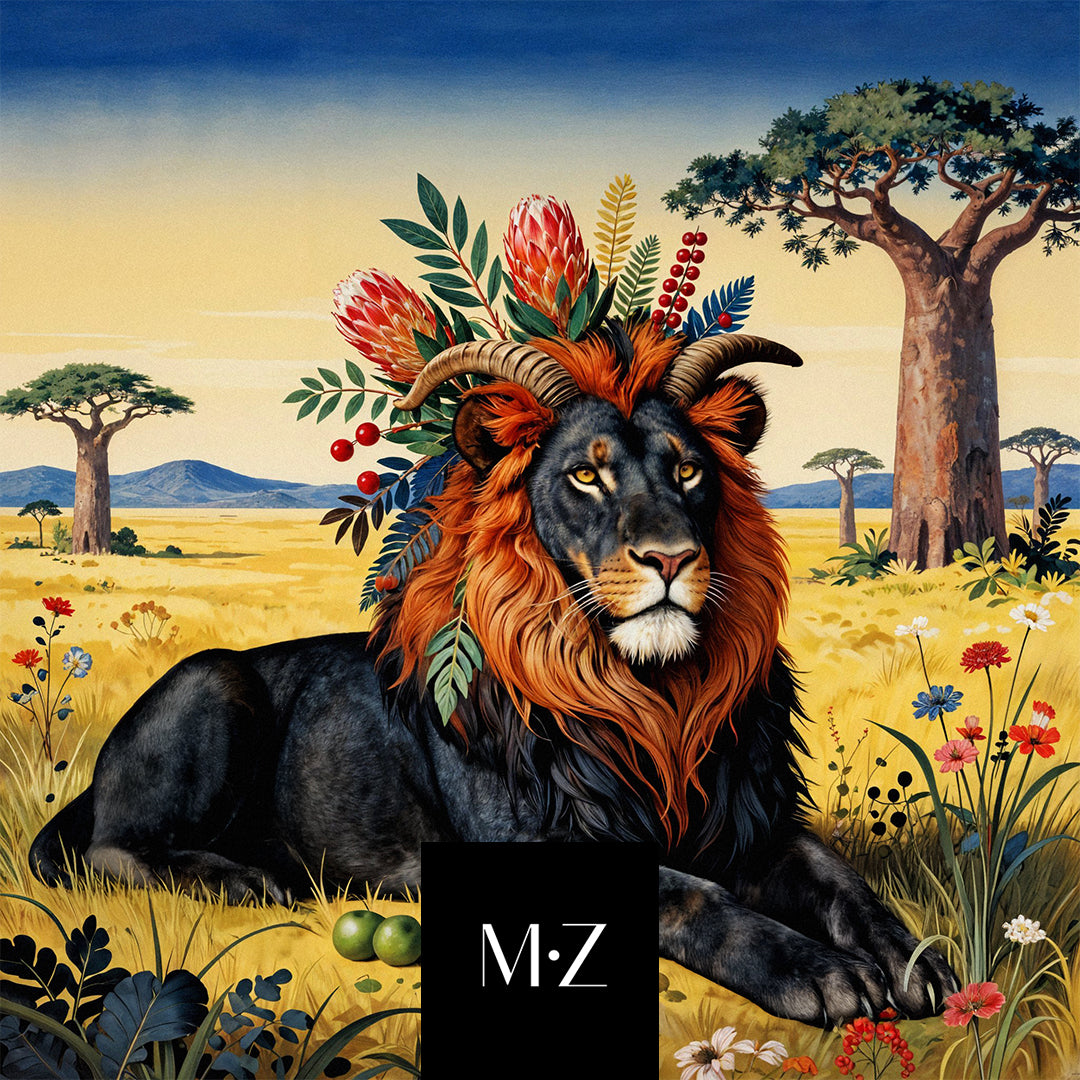 carte cadeau Mzelle design représentant un lion dans la savane 