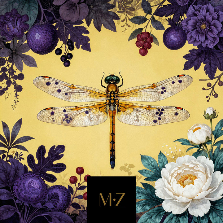 carte cadeau Mzelle design représentant une libellule sur fond jaune entourée de fleurs.