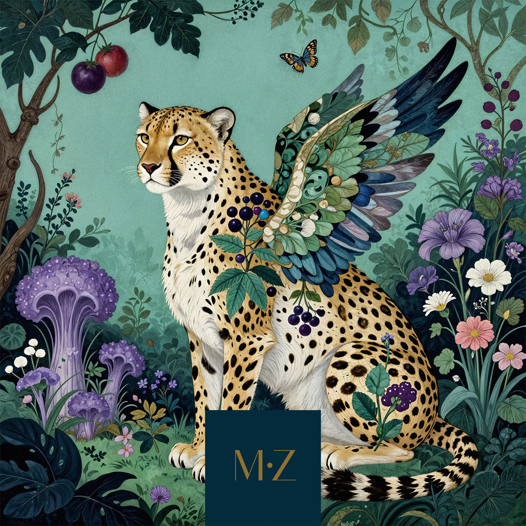 carte cadeau Mzelle design représentant un félin ailé dans la canopée style onirique.