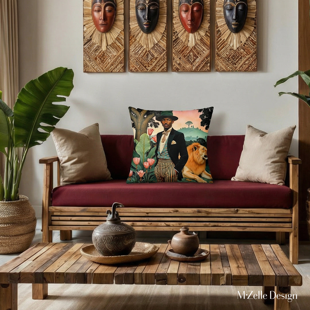 Intérieur design avec Coussin décoratif thème AFRIQUE MZelle design - Homme africain élégant en redingote noire accompagné d'un lion couché