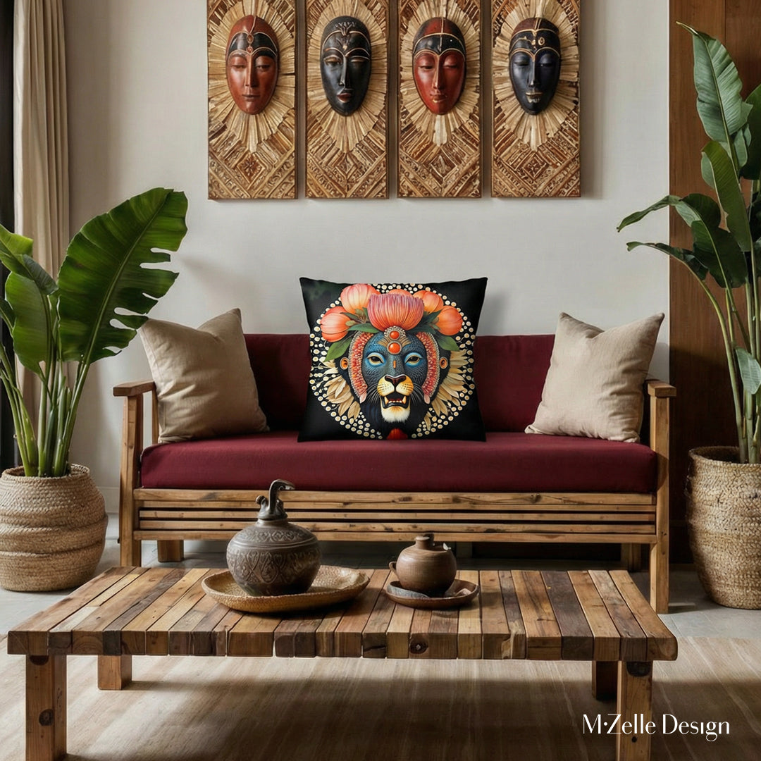 Coussin décoratif thème AFRIQUE MZelle design masque de lion coloré