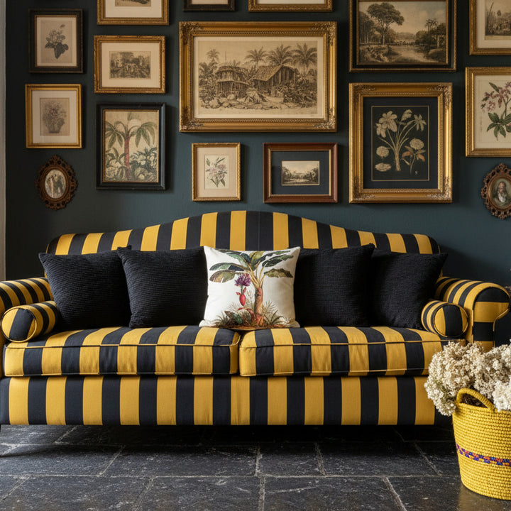 Décoration intérieur avec un canapé a rayures et un Coussin satinée MZelle Design, impression avec Motif un tropical de Case créole et bananier